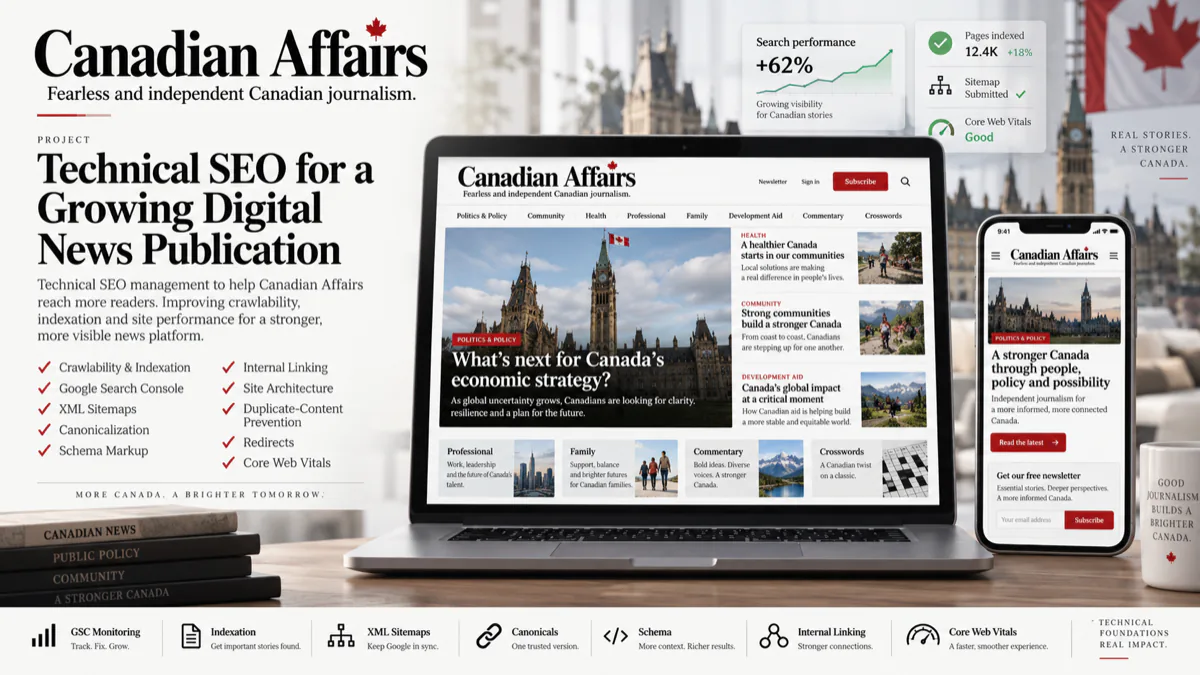 Managing the technical SEO of Canadian Affairs, an independent Canadian news publication on Newspack, keeping a continuously growing archive crawlable, indexable and fast.