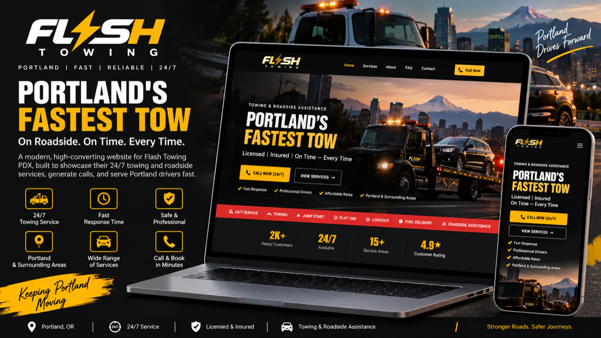 Building Flash Towing PDX as a high-conversion towing website for Portland, turning emergency roadside searches into calls with click-to-call first and a towing request form that books in seconds.