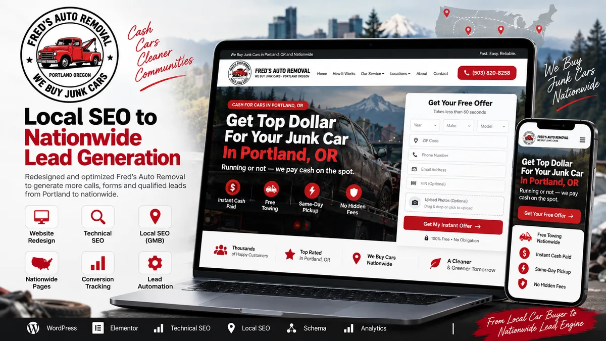 Redesigning Fred's Auto Removal and taking it from a local Portland junk car website to nationwide lead generation.