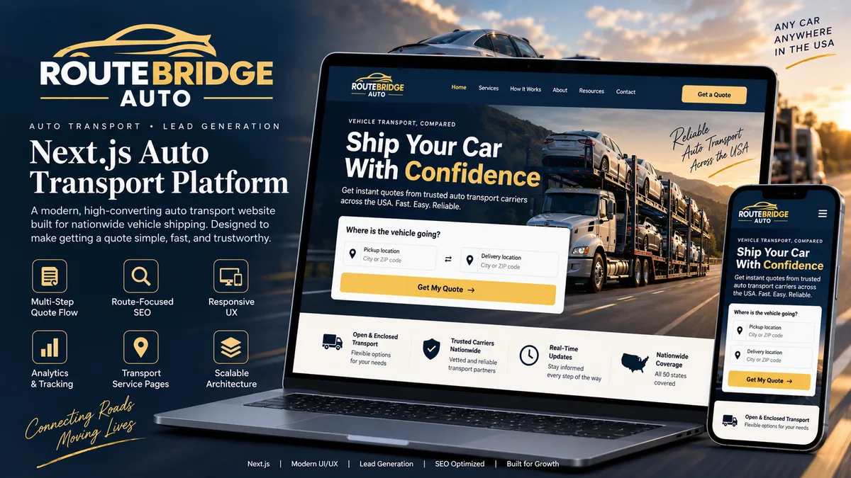 RouteBridge Auto platform: a multi-step vehicle-shipping quote form asking for pickup and delivery locations, trusted nationwide carriers, route-focused SEO pages, real-time tracking, and a "Ship Your Car With Confidence" hero.
