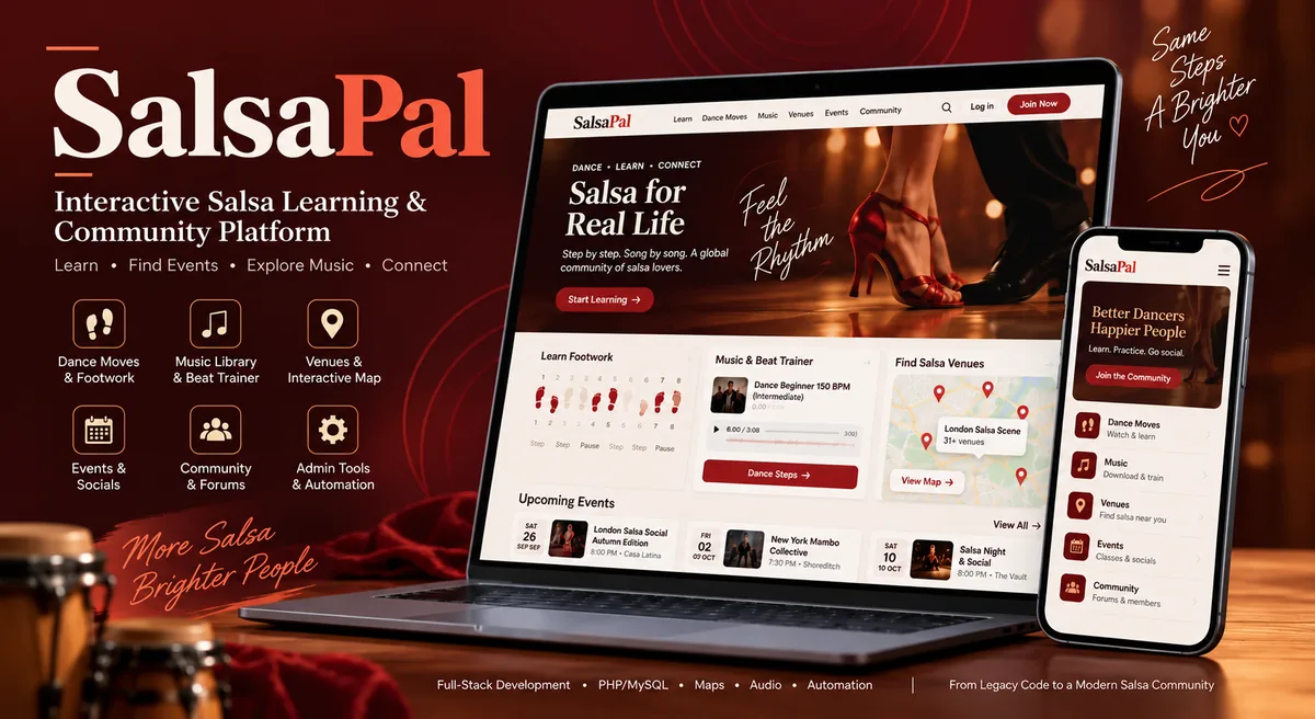 SalsaPal platform: an interactive dance moves and footwork trainer, music library with beat trainer, venue map, upcoming London salsa events, and community features.