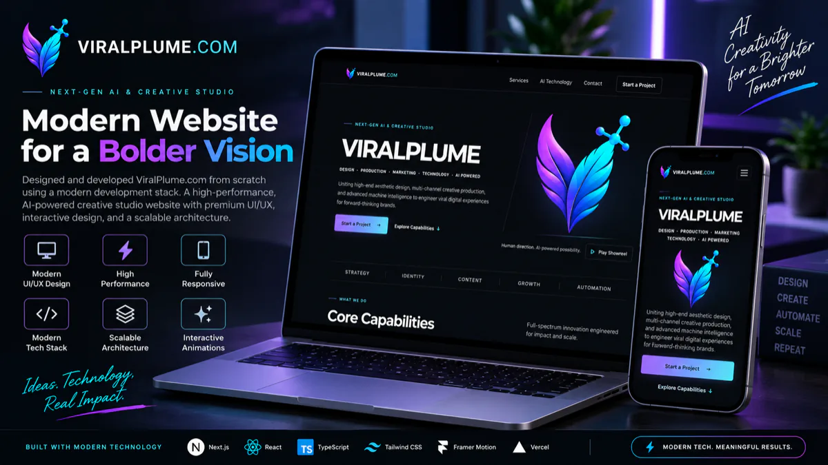 Designing and developing ViralPlume from scratch as a high-performance AI creative studio website on Next.js, with interactive motion, a bold dark interface and a scalable component architecture.